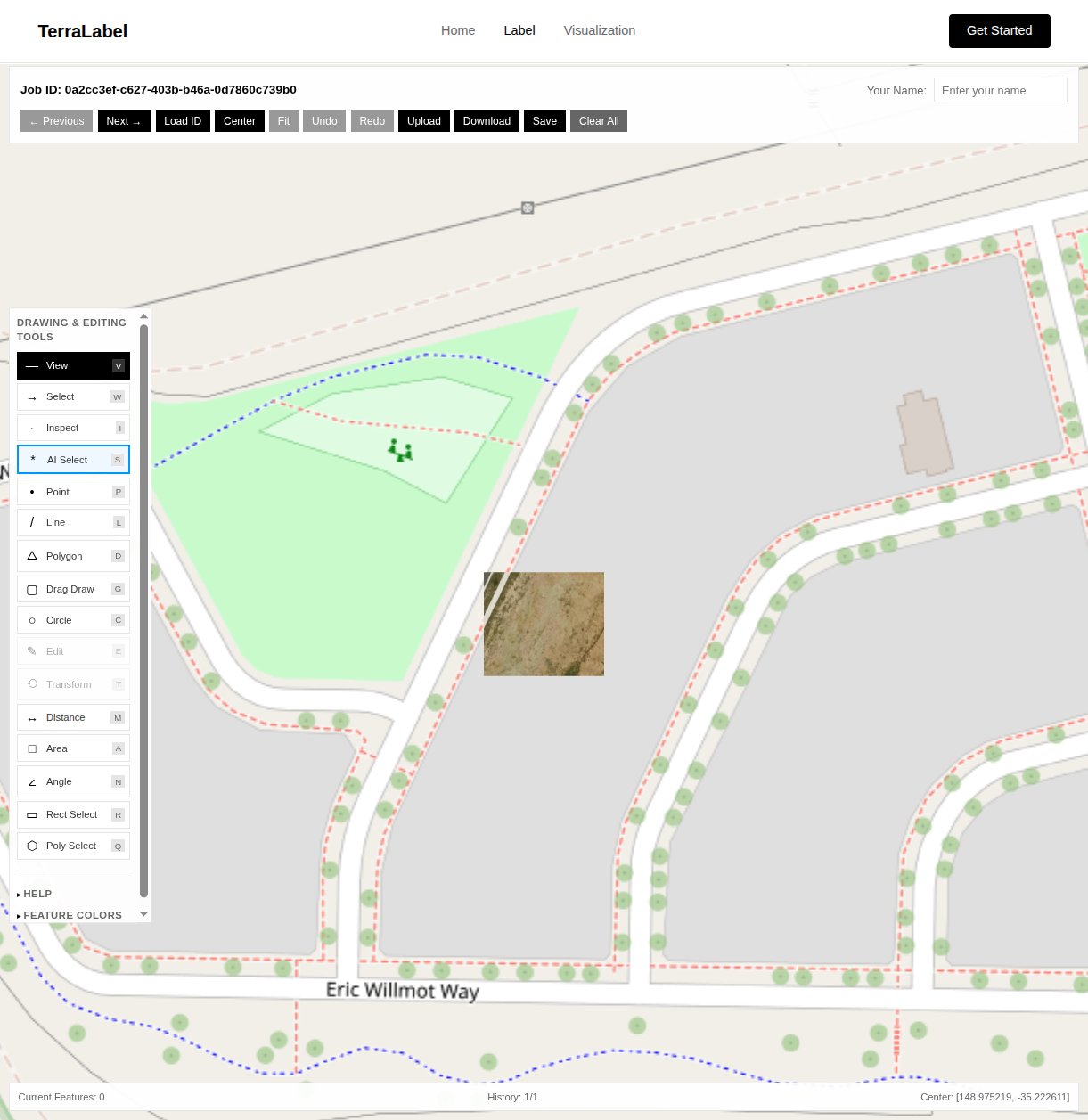 TerraLabel labeling interface showing AI-powered polygon selection on satellite imagery