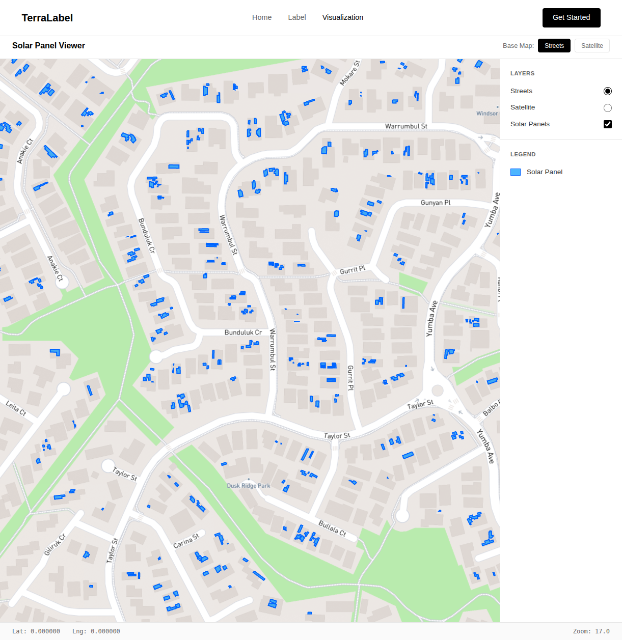 TerraLabel visualization showing labeled solar panels across Canberra