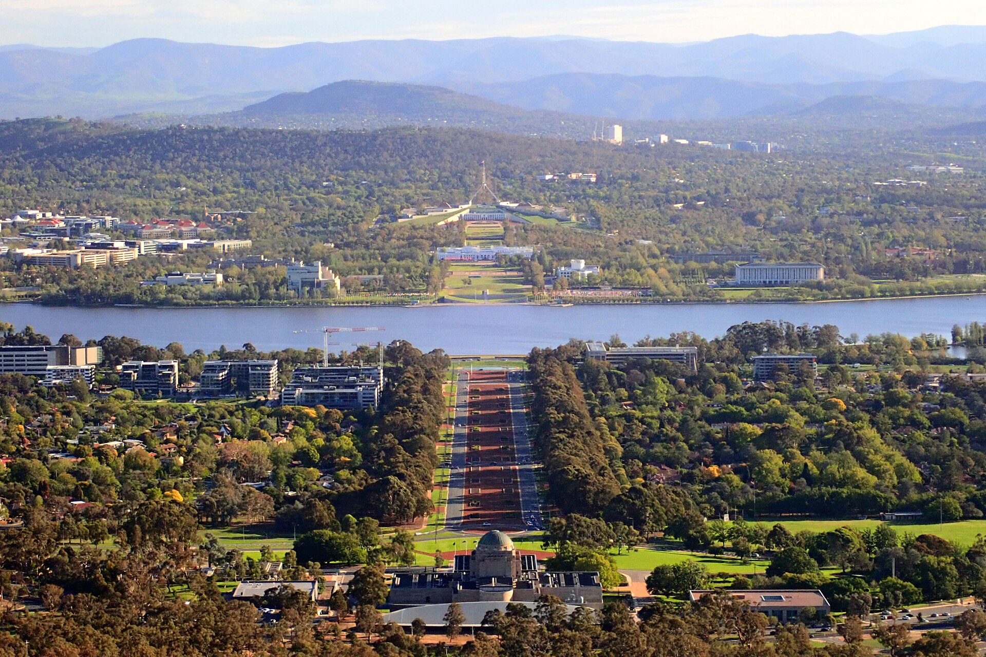 Canberra from Mount Ainslie — the lake, Anzac Parade, and Parliament House