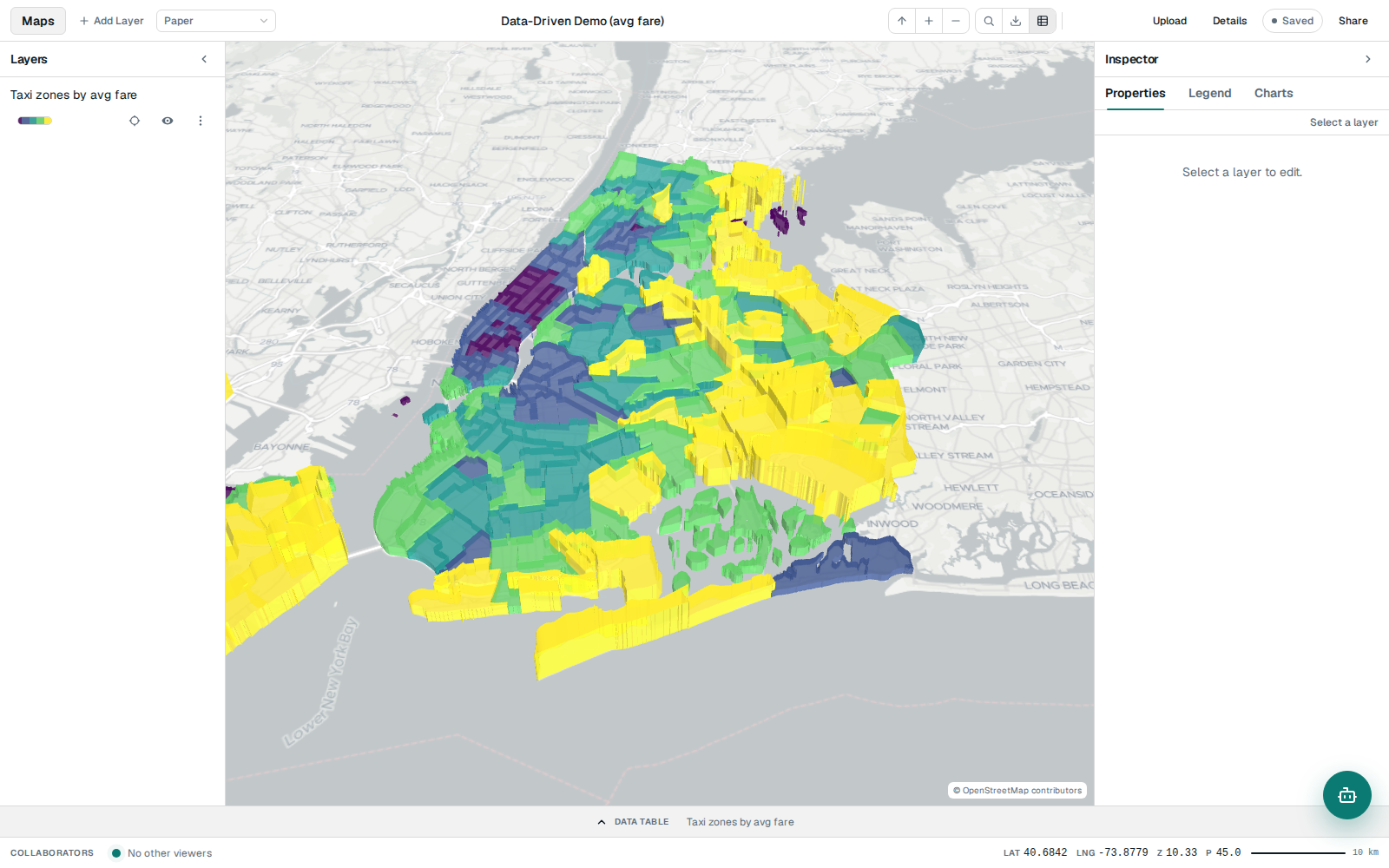 GeoCanvas editor showing a styled map of NYC taxi zones coloured by average fare