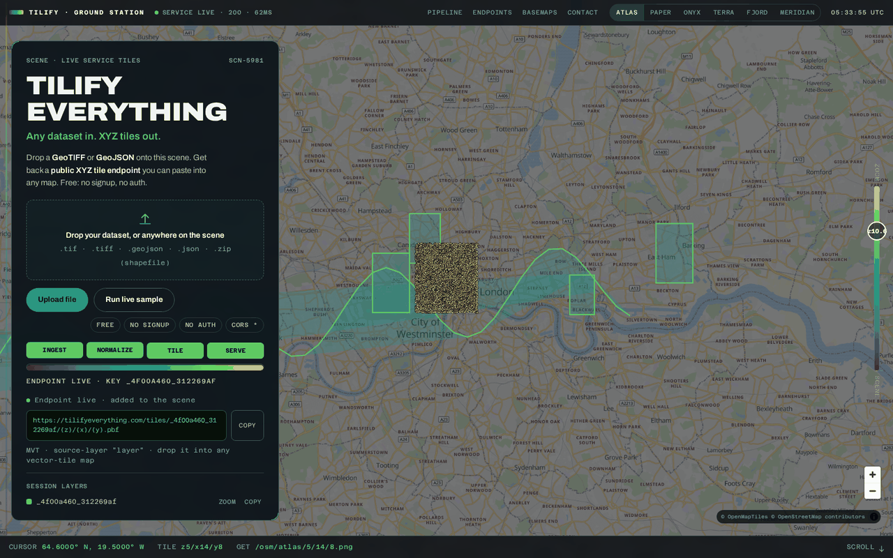 Tilify Everything — a dataset dropped onto the page returns a live public tile endpoint